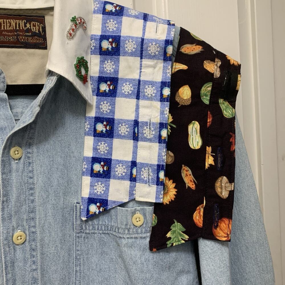 Vtg Upcycled Denim Shirt M 5 Interchangeable Collars Holiday Christmas Halloween - Picture 3 of 14